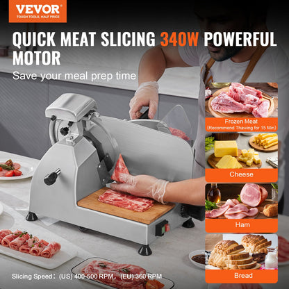 Meat Slicer, 340W Electric Deli Food Slicer with 25.4 cm SUS420 Stainless Steel Blade and Built-in Sharpening Stone, 0-0.6 inch Adjustable Thickness for Commercial and Home Use, Cut Meat and Cheese