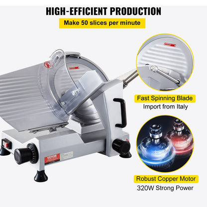 Commercial Meat Slicer, 320W Electric Deli Food Slicer, 12 inch Carbon Steel Blade Electric Food Slicer, 350-400RPM Meat Slicer, 0-0.6 inch Adjustable Thickness for Meat, Cheese, Veggies, Ham