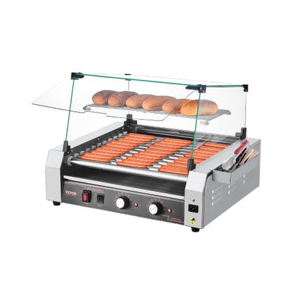 Hot Dog Roller, 30 Hot Dog 11 Rollers, Stainless Steel Sausage Grill Cooker, 2200W Commercial Hot Dog Machine with Dual Temp Control, Cover, Side Storage Box, Removable Shelf & Oil Drip Tray