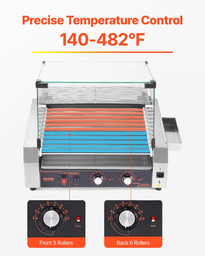 Hot Dog Roller, 30 Hot Dog 11 Rollers, Stainless Steel Sausage Grill Cooker, 2200W Commercial Hot Dog Machine with Dual Temp Control, Cover, Side Storage Box, Removable Shelf & Oil Drip Tray