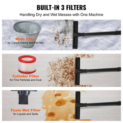 Stainless Steel Wet Dry Shop Vacuum, 8 Gallon 6 Peak HP Wet/Dry Vac, Powerful Suction with Blower Function with Attachments 2-in-1 Crevice Nozzle, Small Shop Vac Perfect for Carpet Debris, Pet Hair, Car