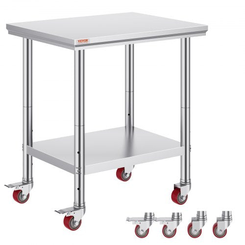 Stainless Steel Catering Work Table 30x24 Inch Commercial Work Table with 4 Wheels Commercial Food Prep Workbench with Flexible Adjustment Shelf for Kitchen Prep Table