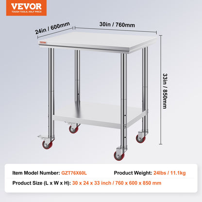 Stainless Steel Catering Work Table 30x24 Inch Commercial Work Table with 4 Wheels Commercial Food Prep Workbench with Flexible Adjustment Shelf for Kitchen Prep Table