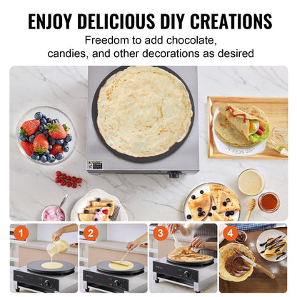 Electric Crepe Maker, 16-Inch Commercial Crepe Machine, 3000W Flat Plate Crepe Griddle, Nonstick Stainless Steel Pancake Making Machine, Desktop Circular Cereals Pancake Stove with Temp Control