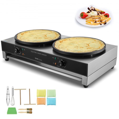 Elektrischer Crêpe-Maker, 40 cm Doppelkopf-Crêpe-Maschine für den gewerblichen Einsatz, 3400 W, flache Crêpe-Platte, antihaftbeschichteter Edelstahl, runder Tischherd für Müsli und Pfannkuchen, Temperaturregelung