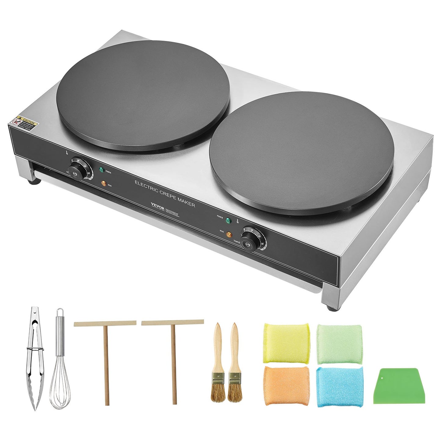 Electric Crepe Maker, 16-Inch Double Head Commercial Crepe Machine, 3400W Flat Plate Crepe Griddle, Nonstick Stainless Steel Pancake Making, Desktop Circular Cereals Pancake Stove, Temp Control