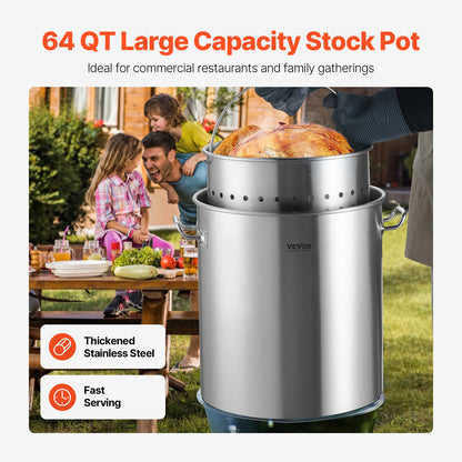 Stainless Steel Stockpot, 54L Large Cooking Pots, Cookware Sauce Pot with Basket, Lid, and Handle, Heavy Duty Commercial Grade Stock Pot, Sanding Treatment, for Large Groups Events Silver