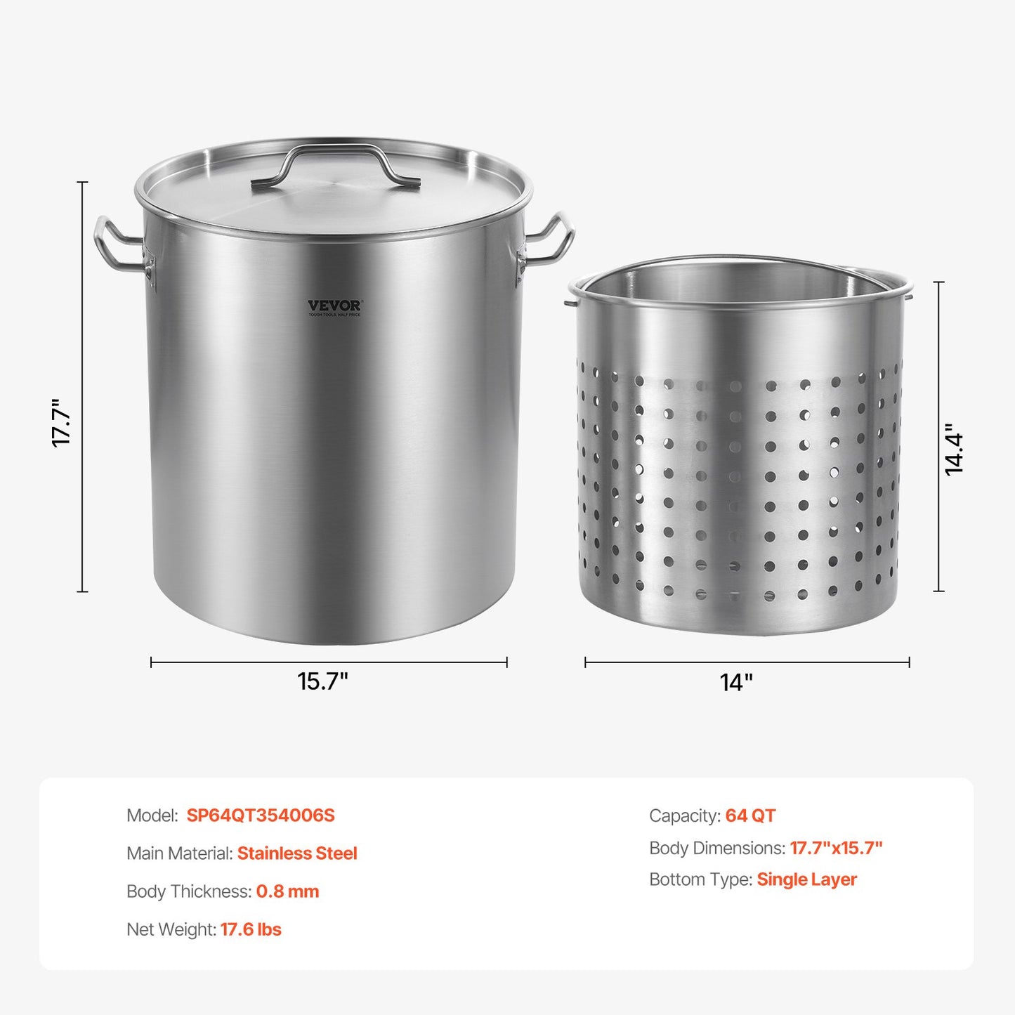 Stainless Steel Stockpot, 54L Large Cooking Pots, Cookware Sauce Pot with Basket, Lid, and Handle, Heavy Duty Commercial Grade Stock Pot, Sanding Treatment, for Large Groups Events Silver