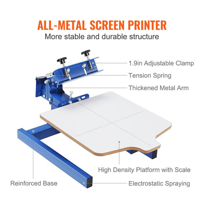 Screen Printing Machine, 1 Color 1 Station Silk Screen Printing Press, 21.2x17.7in / 54x45cm Screen Printing Press, Double-layer Positioning Pallet, Adjustable Tension for T-shirt DIY Printing