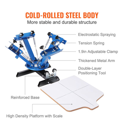 Screen Printing Machine, 4 Color 1 Station 360° Rotable Silk Screen Printing Press, 21.2x17.7in / 54x45cm Screen Printing Press, Double-layer Positioning Pallet for T-shirt DIY Printing