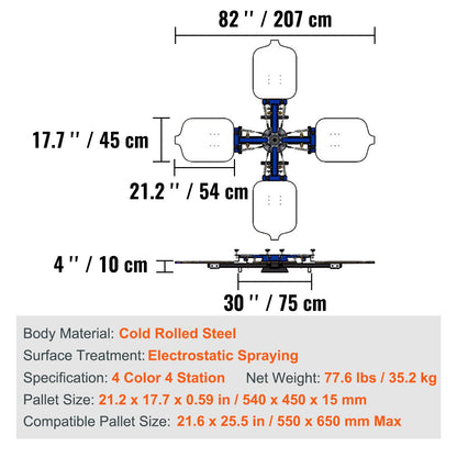 Screen Printing Machine, 4 Color 4 Station 360° Rotable Silk Screen Printing Press, 21.2x17.7in / 54x45cm Screen Printing Press, Double-layer Positioning Pallet for T-shirt DIY Printing