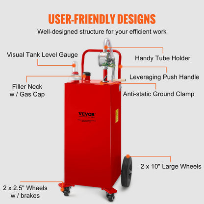 Fuel Caddy, 132.49 Liter, Gas Storage Tank on 4 Wheels, with Manuel Transfer Pump, Gasoline Diesel Fuel Container for Cars, Lawn Mowers, ATVs, Boats, More, Red