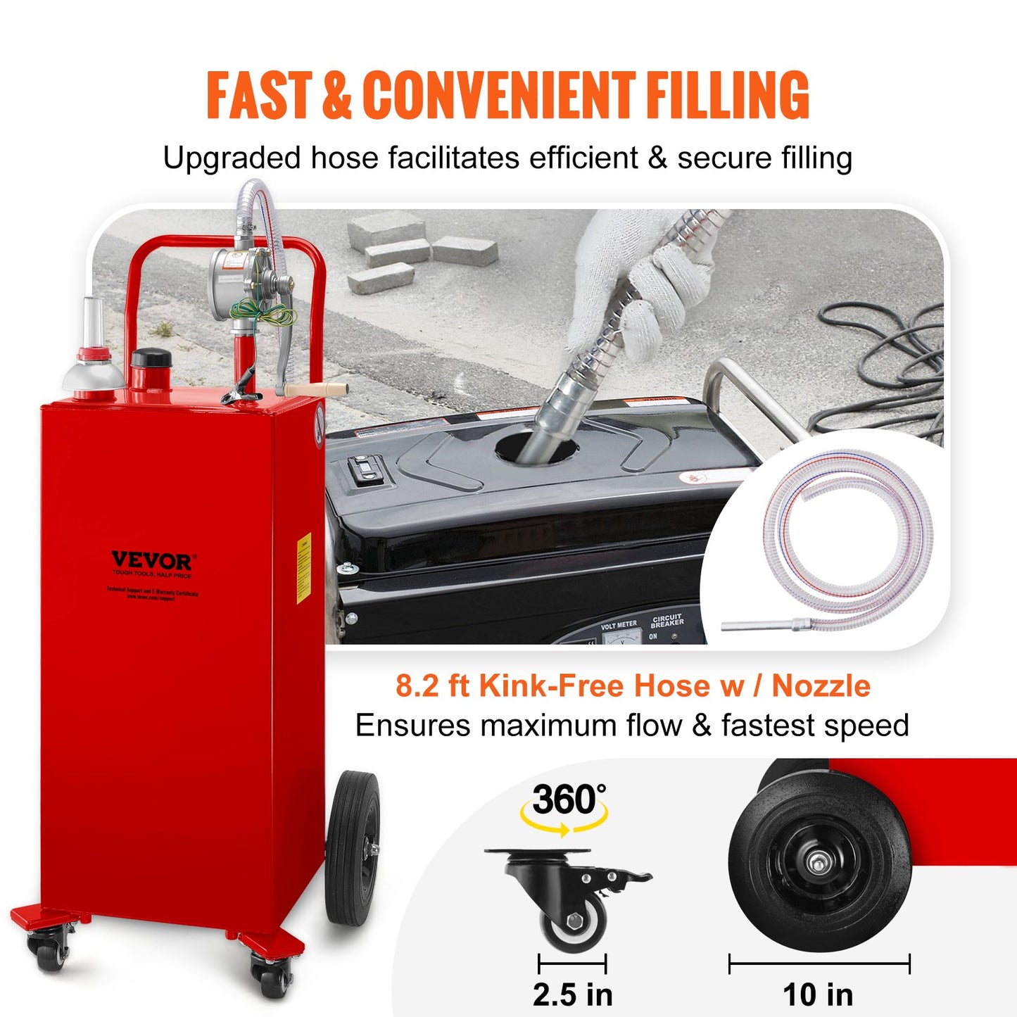 Fuel Caddy, 132.49 Liter, Gas Storage Tank on 4 Wheels, with Manuel Transfer Pump, Gasoline Diesel Fuel Container for Cars, Lawn Mowers, ATVs, Boats, More, Red