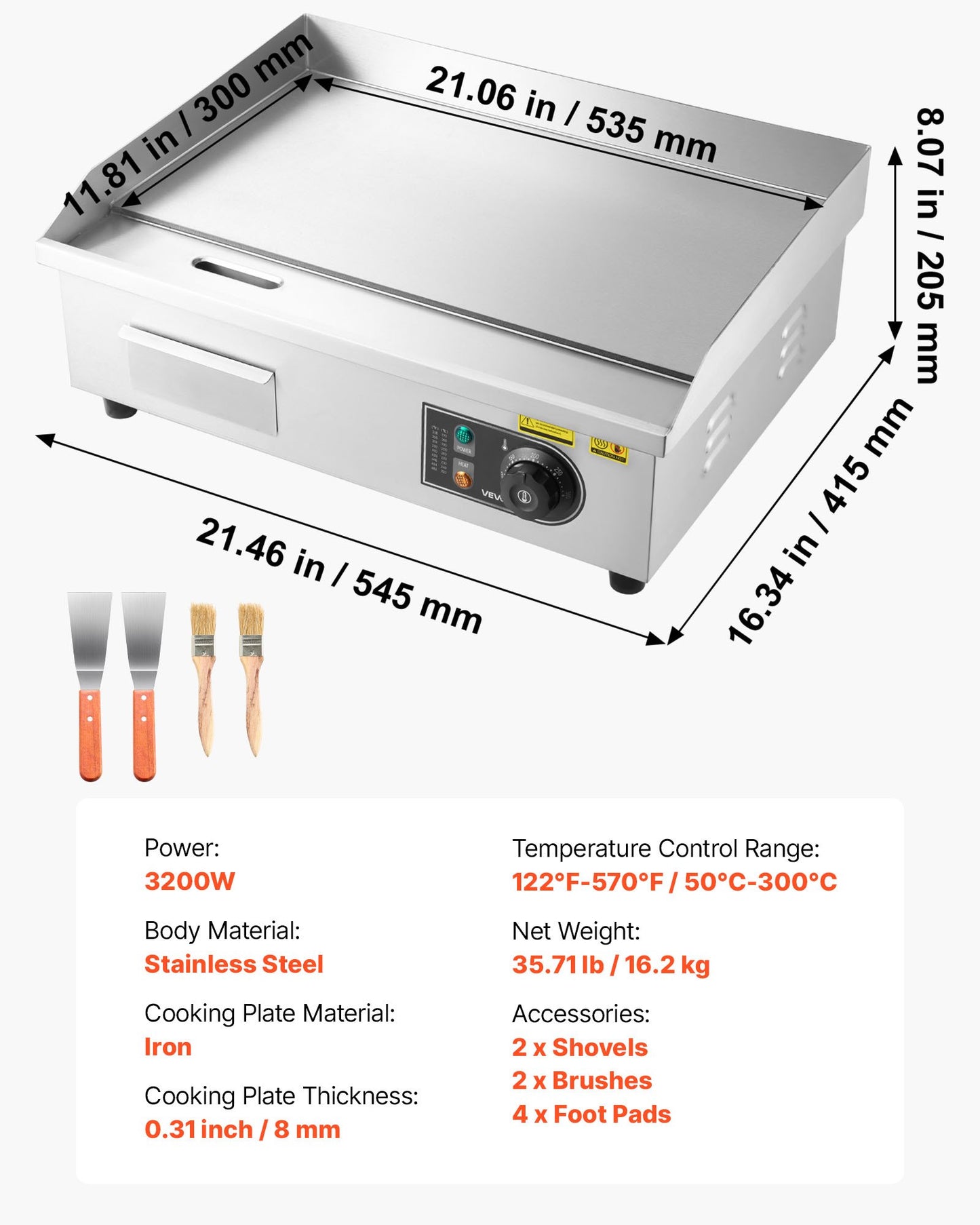 Commercial Electric Griddle, 535 x 300 mm, 3200W, 50-300°C Adjustable Temp Control, Stainless Steel Countertop Flat Top Grill with 2 Spatulas, 2 Brushes and 4 Foot Pads, for Steak, Pancake