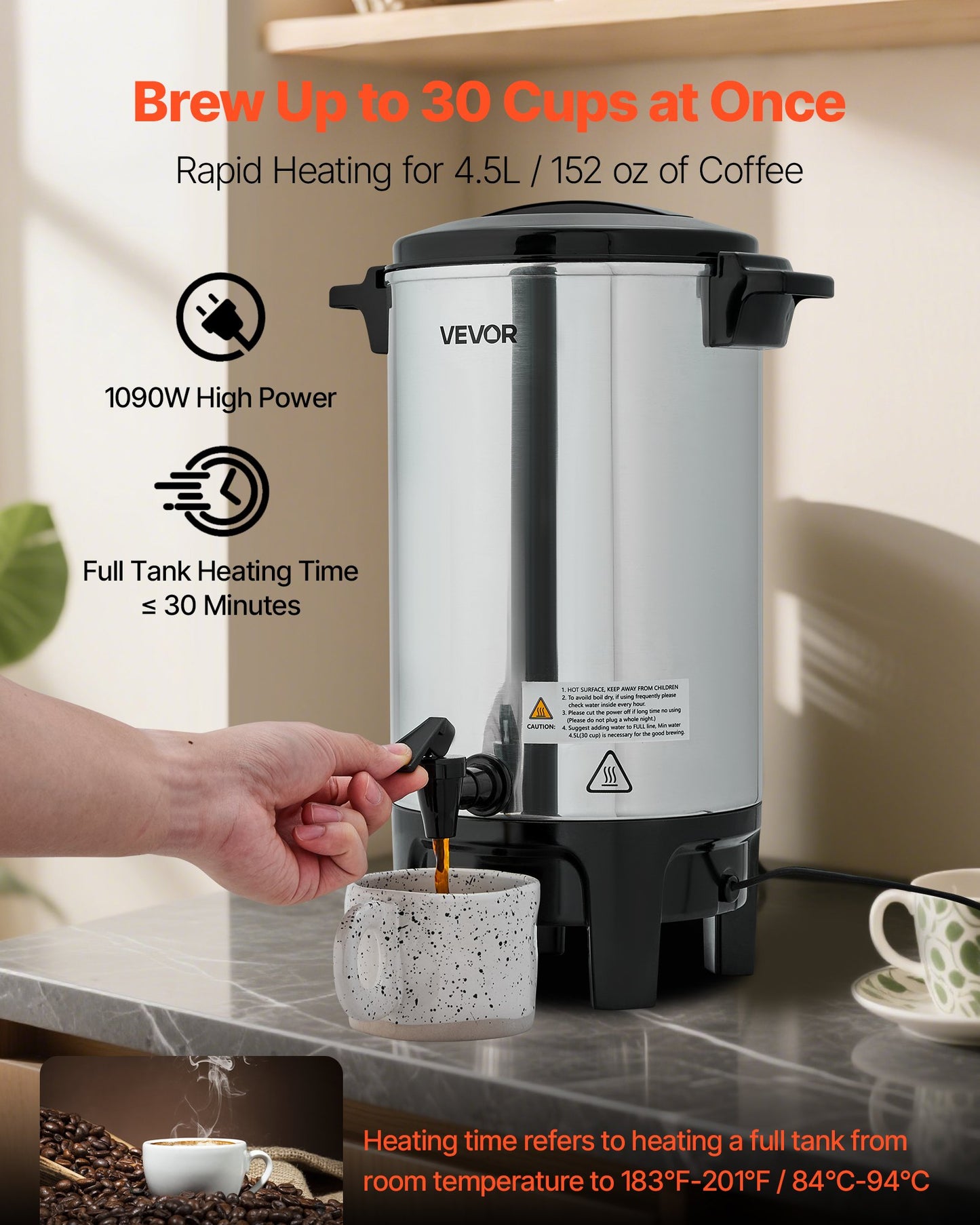 Gewerbliche Kaffeemaschine, 30 Tassen, 4,5 l Heißgetränkespender mit tropffreiem Wasserhahn, Schnellbrüh-Kaffeemaschine, automatische Temperaturregelung, für Catering, Partys, Kirchen und Restaurants