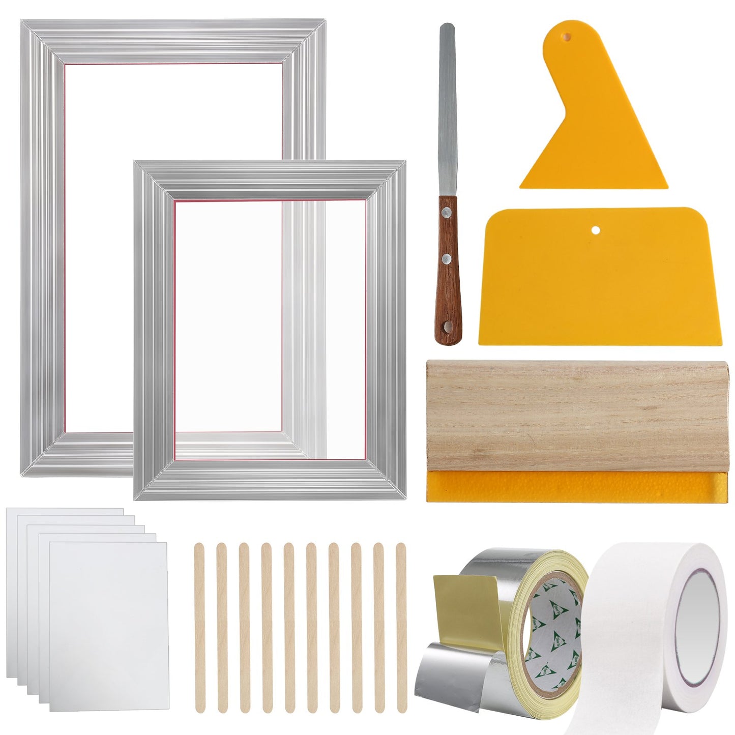 Screen Printing Kit, 2 Pieces Aluminum Silk Screen Printing Frames 8x10/10x14in 110 Count Mesh, 2 Tapes and Screen Printing Squeegees and Transparency Films for T-shirts DIY Printing