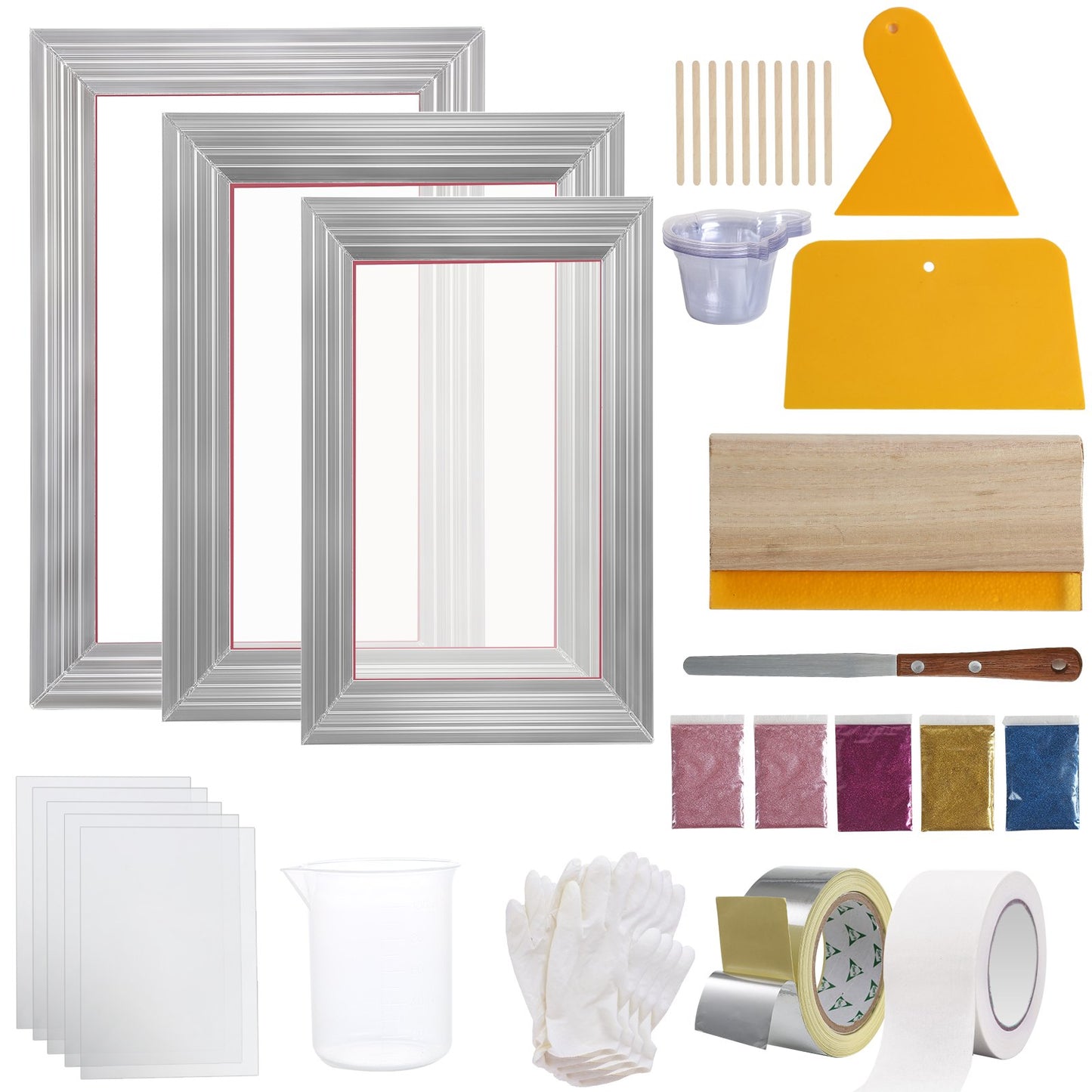 Screen Printing Kit, 3 Pieces Aluminum Silk Screen Printing Frames 6x10/8x12/10x14inch 110 Count Mesh, 5 Glitters and Screen Printing Squeegees and Transparency Films for T-shirts DIY Printing