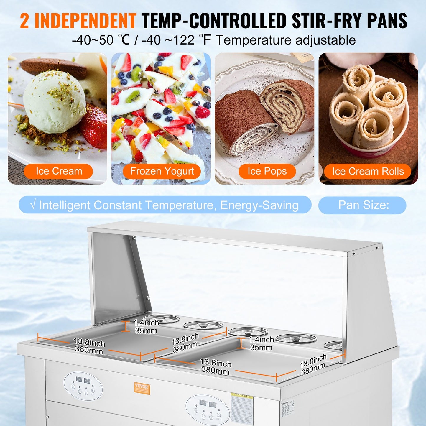 Fried Ice Cream Roll Machine, 2Pcs 13.8" x 13.8" Square Stir-Fried Ice Cream Pans, Stainless Steel Commercial Rolled Ice Cream Maker with Compressor and 4 Scrapers, for Ice Cream, Frozen Yogurt