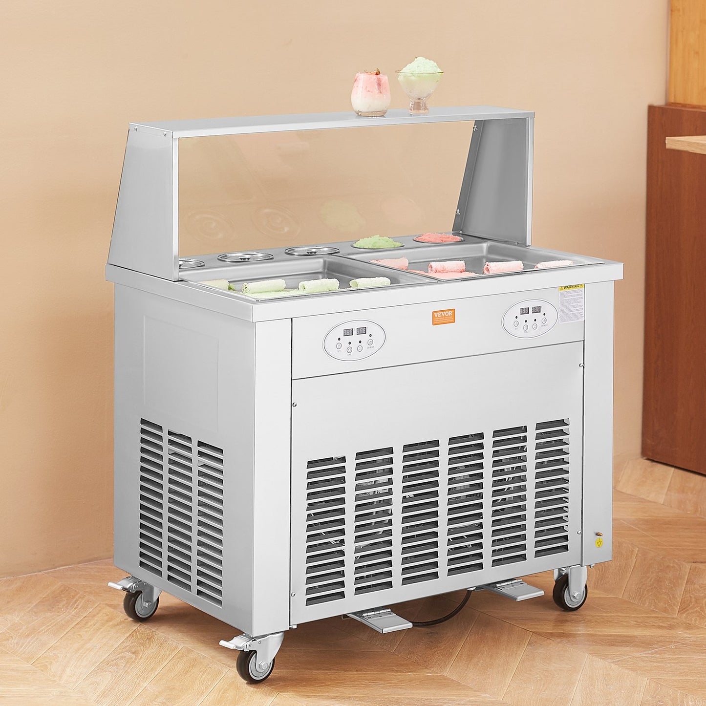 Fried Ice Cream Roll Machine, 2Pcs 13.8" x 13.8" Square Stir-Fried Ice Cream Pans, Stainless Steel Commercial Rolled Ice Cream Maker with Compressor and 4 Scrapers, for Ice Cream, Frozen Yogurt