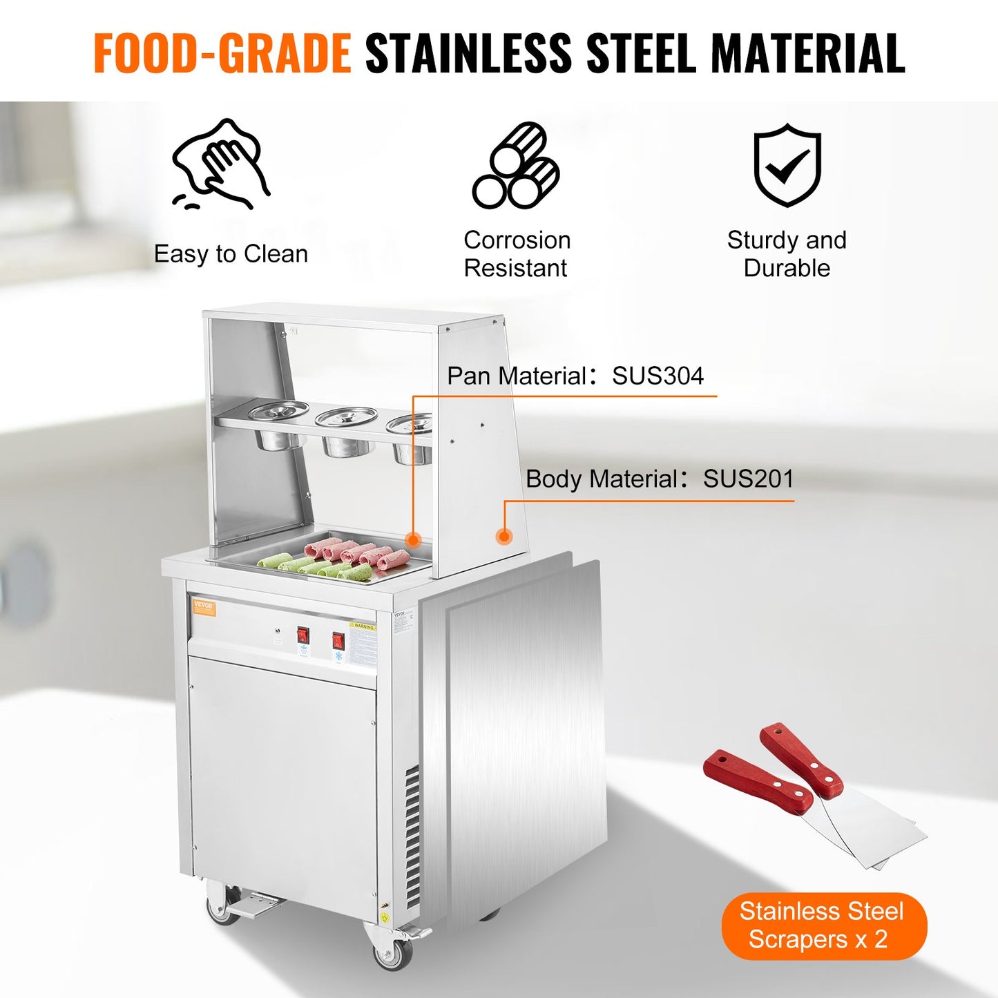 Fried Ice Cream Roll Machine, 13.8" x 13.8" Square Stir-Fried Ice Cream Pan, Stainless Steel Commercial Rolled Ice Cream Maker with Compressor and 2 Scrapers, for Making Ice Cream, Frozen Yogurt