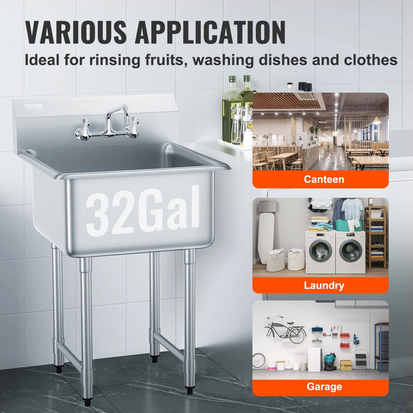 Stainless Steel Prep & Utility Sink, 1 Compartment Free Standing Small Sink Include Faucet & legs, 27"x41" Commercial Single Bowl Sinks for Garage, Restaurant, Kitchen, Laundry