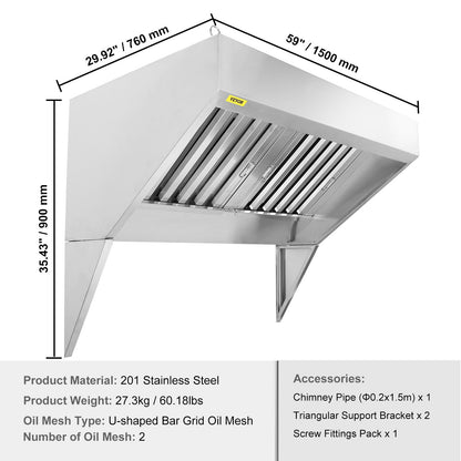 Commercial Exhaust Hood, 1.5 m Food Truck Hood Exhaust, 201 Stainless Steel Concession Trailer Hood with 2 Detachable U-shaped Grid Oil Filter Mesh, Rust Resistant Vent Hood for Kitchen Restaurant