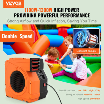 Inflatable Blower, 1100W, 1.5 & 1.7 HP Bounce House Blower, Pump Commercial Air Blower for Inflatables, 3100 RPM Bouncy Castle Electric Fan for Bounce House, Waterslides, Tested to UL Standards