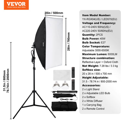Softbox Lighting Kit 50x70 cm / 20x28 inch 45W 3000-6500K LED Bulbs for Shooting