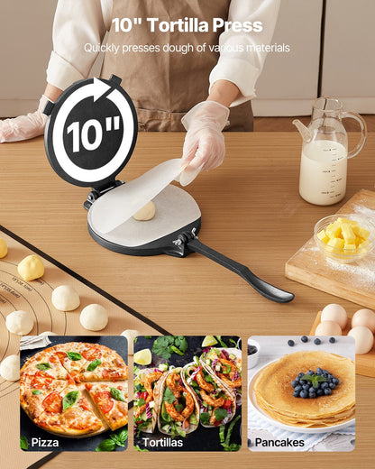 Tortillapresse, 25 cm (10 Zoll) Tortilla- und Roti-Maker aus Gusseisen, robuste Tortilladora-Presse, Pataconera-Maker mit Griff und 100 Stück Backpapier, Teigpresse für Mehltortillas, Tawa