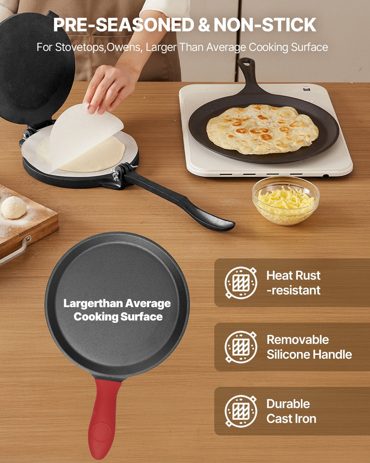 Tortillapresse, 25 cm (10 Zoll) Tortilla- und Roti-Maker aus Gusseisen, robuste Tortilladora-Presse, Pataconera-Maker mit Griff und 100 Stück Backpapier, Teigpresse für Mehltortillas, Tawa