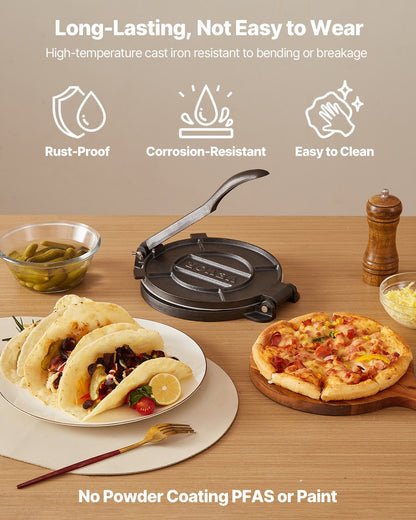 Tortillapresse, 25 cm (10 Zoll) Tortilla- und Roti-Maker aus Gusseisen, robuste Tortilladora-Presse, Pataconera-Maker mit Griff und 100 Stück Backpapier, Teigpresse für Mehltortillas, Tawa