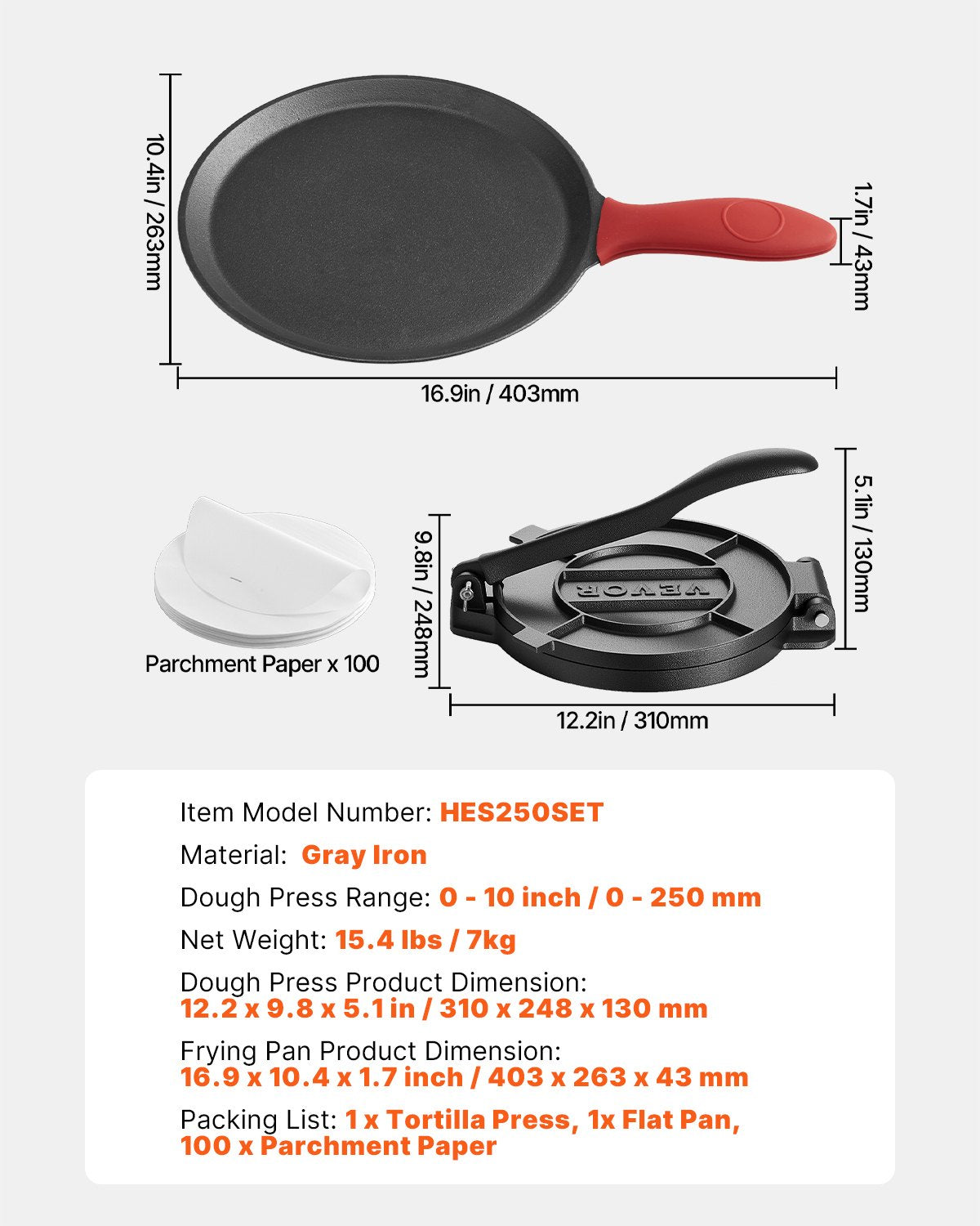 Tortillapresse, 25 cm (10 Zoll) Tortilla- und Roti-Maker aus Gusseisen, robuste Tortilladora-Presse, Pataconera-Maker mit Griff und 100 Stück Backpapier, Teigpresse für Mehltortillas, Tawa