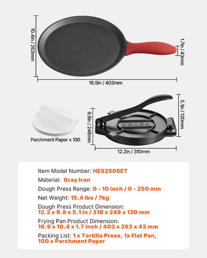 Tortillapresse, 25 cm (10 Zoll) Tortilla- und Roti-Maker aus Gusseisen, robuste Tortilladora-Presse, Pataconera-Maker mit Griff und 100 Stück Backpapier, Teigpresse für Mehltortillas, Tawa