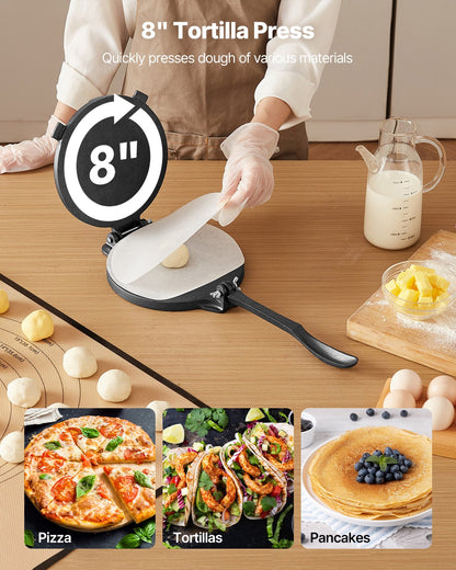 Tortillapresse, 20 cm (8 Zoll) Tortilla- und Roti-Maker aus Gusseisen, robuste Tortilladora-Presse, Pataconera-Maker mit Griff und 100 Stück Backpapier, Teigpresse für Mehltortillas, Tawa