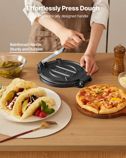 Tortillapresse, 20 cm (8 Zoll) Tortilla- und Roti-Maker aus Gusseisen, robuste Tortilladora-Presse, Pataconera-Maker mit Griff und 100 Stück Backpapier, Teigpresse für Mehltortillas, Tawa