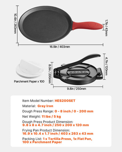 Tortillapresse, 20 cm (8 Zoll) Tortilla- und Roti-Maker aus Gusseisen, robuste Tortilladora-Presse, Pataconera-Maker mit Griff und 100 Stück Backpapier, Teigpresse für Mehltortillas, Tawa