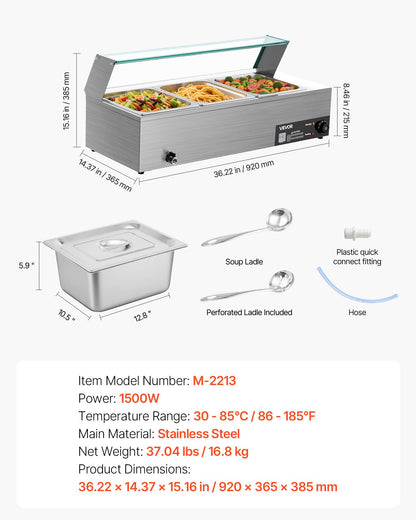 Commercial Food Warmer, 1500W Electric Stainless Steel Steam Food Warmer with Glass Cover, 3-Pan Countertop Buffet Bain Marie with Soup & Perforated Ladles, for Catering, Restaurant & Party