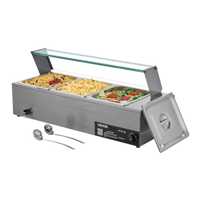 Commercial Food Warmer, 1500W Electric Stainless Steel Steam Food Warmer with Glass Cover, 3-Pan Countertop Buffet Bain Marie with Soup & Perforated Ladles, for Catering, Restaurant & Party