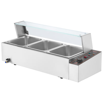 3-Pan Commercial Food Warmer, 3 x 8QT Electric Steam Table with Glass Cover, 1500W Countertop Stainless Steel Buffet Bain Marie 86-185°F Temp Control for Catering, Restaurants, Silver
