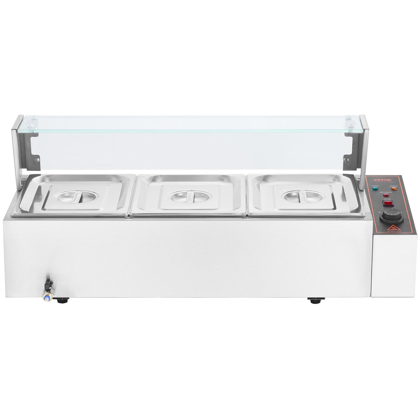 3-Pan Commercial Food Warmer, 3 x 8QT Electric Steam Table with Glass Cover, 1500W Countertop Stainless Steel Buffet Bain Marie 86-185°F Temp Control for Catering, Restaurants, Silver