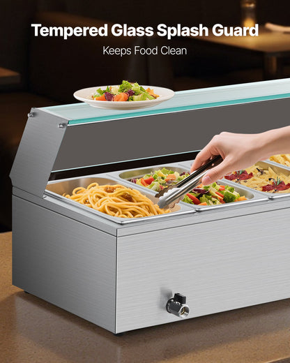 Commercial Food Warmer, 1500W Electric Stainless Steel Steam Food Warmer with Glass Cover, 6 x 1/3 Size Pans Buffet Bain Marie with Soup & Perforated Ladles, for Catering, Restaurant & Party