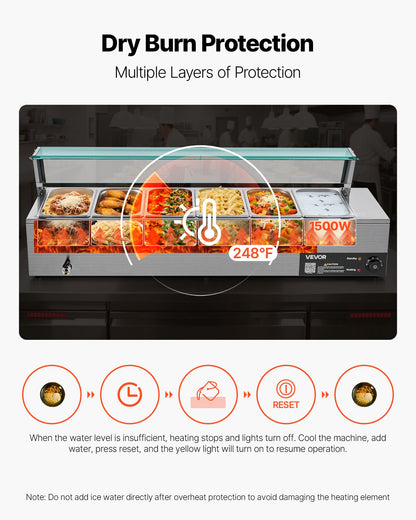 Commercial Food Warmer, 1500W Electric Stainless Steel Steam Food Warmer with Glass Cover, 6 x 1/3 Size Pans Buffet Bain Marie with Soup & Perforated Ladles, for Catering, Restaurant & Party