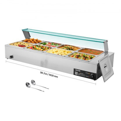 Gewerblicher Speisenwärmer, 1700 W, elektrischer Edelstahl-Dampfgarer mit Glasdeckel, 8-teiliges Tisch-Bain-Marie mit Suppenlöffeln und perforierten Schöpfkellen, für Catering, Restaurants und Partys