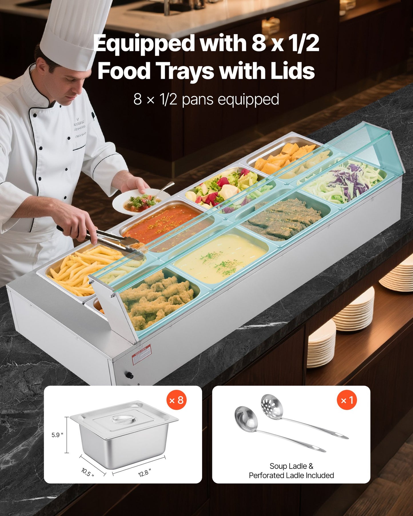 Gewerblicher Speisenwärmer, 1700 W, elektrischer Edelstahl-Dampfgarer mit Glasdeckel, 8-teiliges Tisch-Bain-Marie mit Suppenlöffeln und perforierten Schöpfkellen, für Catering, Restaurants und Partys