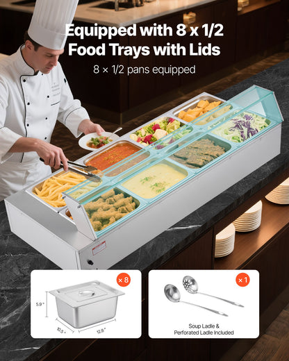 Gewerblicher Speisenwärmer, 1700 W, elektrischer Edelstahl-Dampfgarer mit Glasdeckel, 8-teiliges Tisch-Bain-Marie mit Suppenlöffeln und perforierten Schöpfkellen, für Catering, Restaurants und Partys