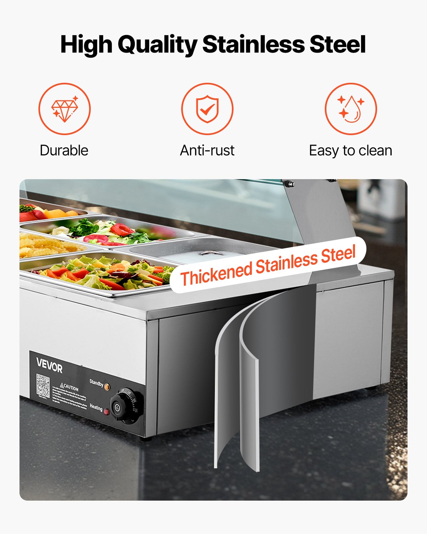 Gewerblicher Speisenwärmer, 1700 W, elektrischer Edelstahl-Dampfgarer mit Glasdeckel, 8-teiliges Tisch-Bain-Marie mit Suppenlöffeln und perforierten Schöpfkellen, für Catering, Restaurants und Partys