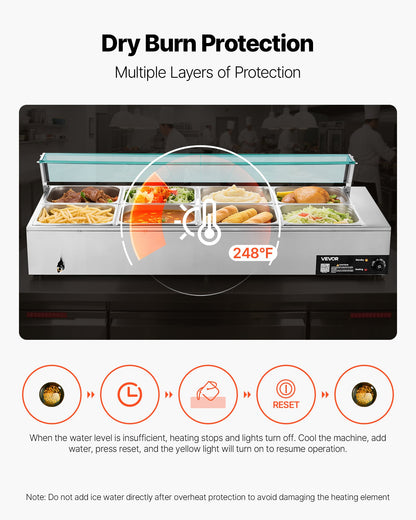 Gewerblicher Speisenwärmer, 1700 W, elektrischer Edelstahl-Dampfgarer mit Glasdeckel, 8-teiliges Tisch-Bain-Marie mit Suppenlöffeln und perforierten Schöpfkellen, für Catering, Restaurants und Partys