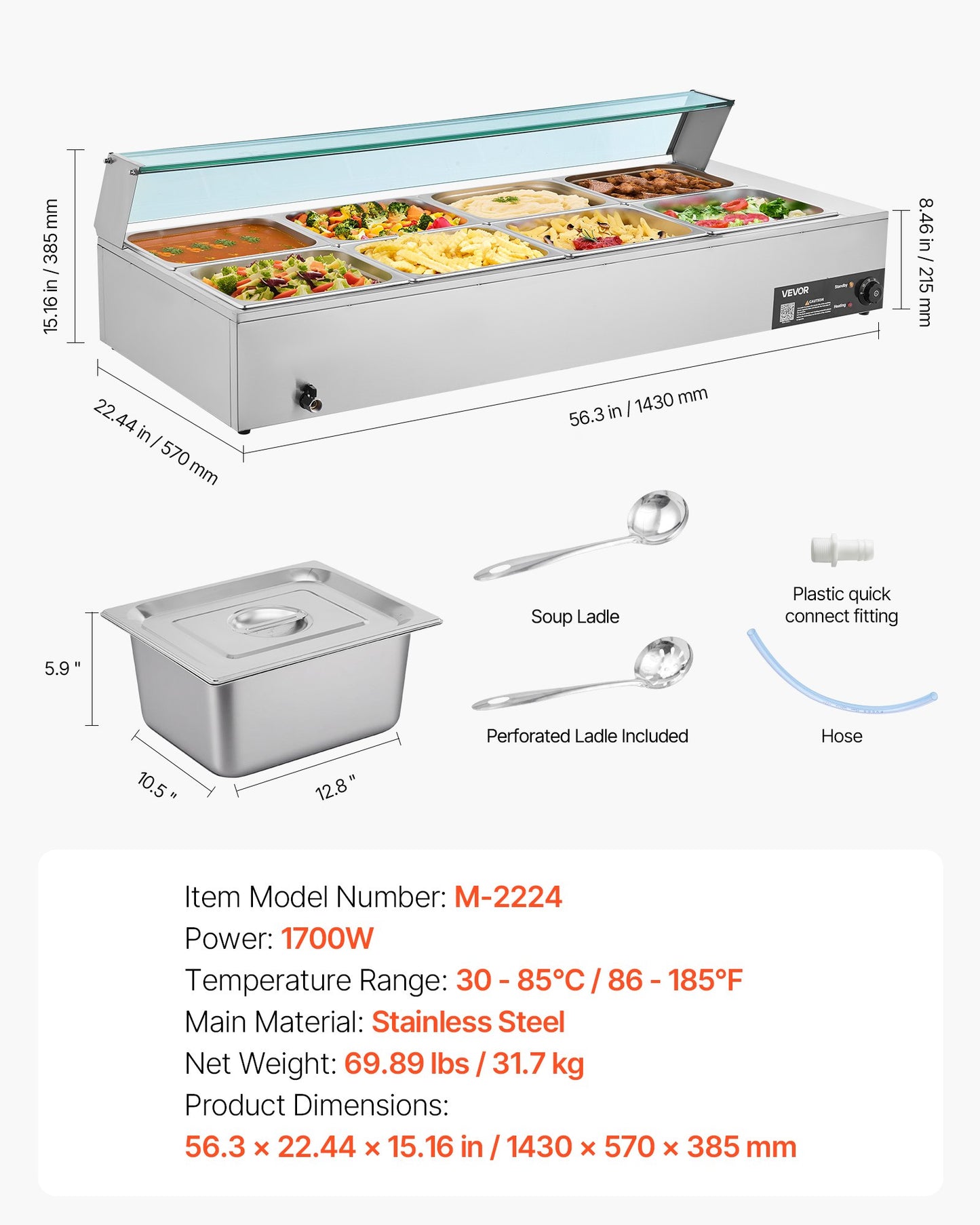 Gewerblicher Speisenwärmer, 1700 W, elektrischer Edelstahl-Dampfgarer mit Glasdeckel, 8-teiliges Tisch-Bain-Marie mit Suppenlöffeln und perforierten Schöpfkellen, für Catering, Restaurants und Partys