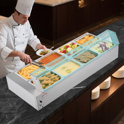Gewerblicher Speisenwärmer, 1700 W, elektrischer Edelstahl-Dampfgarer mit Glasdeckel, 8-teiliges Tisch-Bain-Marie mit Suppenlöffeln und perforierten Schöpfkellen, für Catering, Restaurants und Partys
