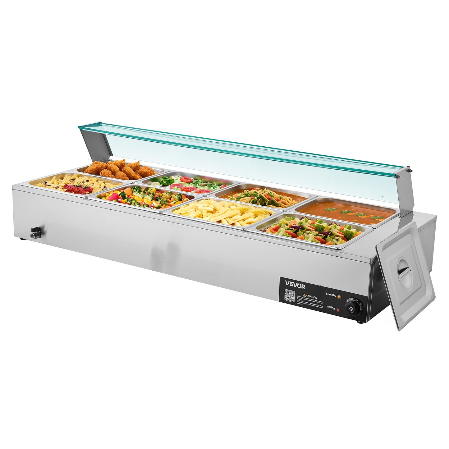 Gewerblicher Speisenwärmer, 1700 W, elektrischer Edelstahl-Dampfgarer mit Glasdeckel, 8-teiliges Tisch-Bain-Marie mit Suppenlöffeln und perforierten Schöpfkellen, für Catering, Restaurants und Partys